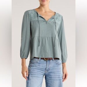 Lucky Brand Long Sleeve Cotton Babydoll Tee, stormy sea, size large